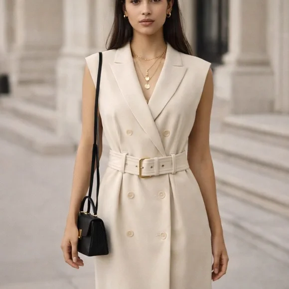 Calvin Klein Ivory Belted Sleeveless Trench Dress Minimalist Office Chic Size 4 - Picture 2 of 11